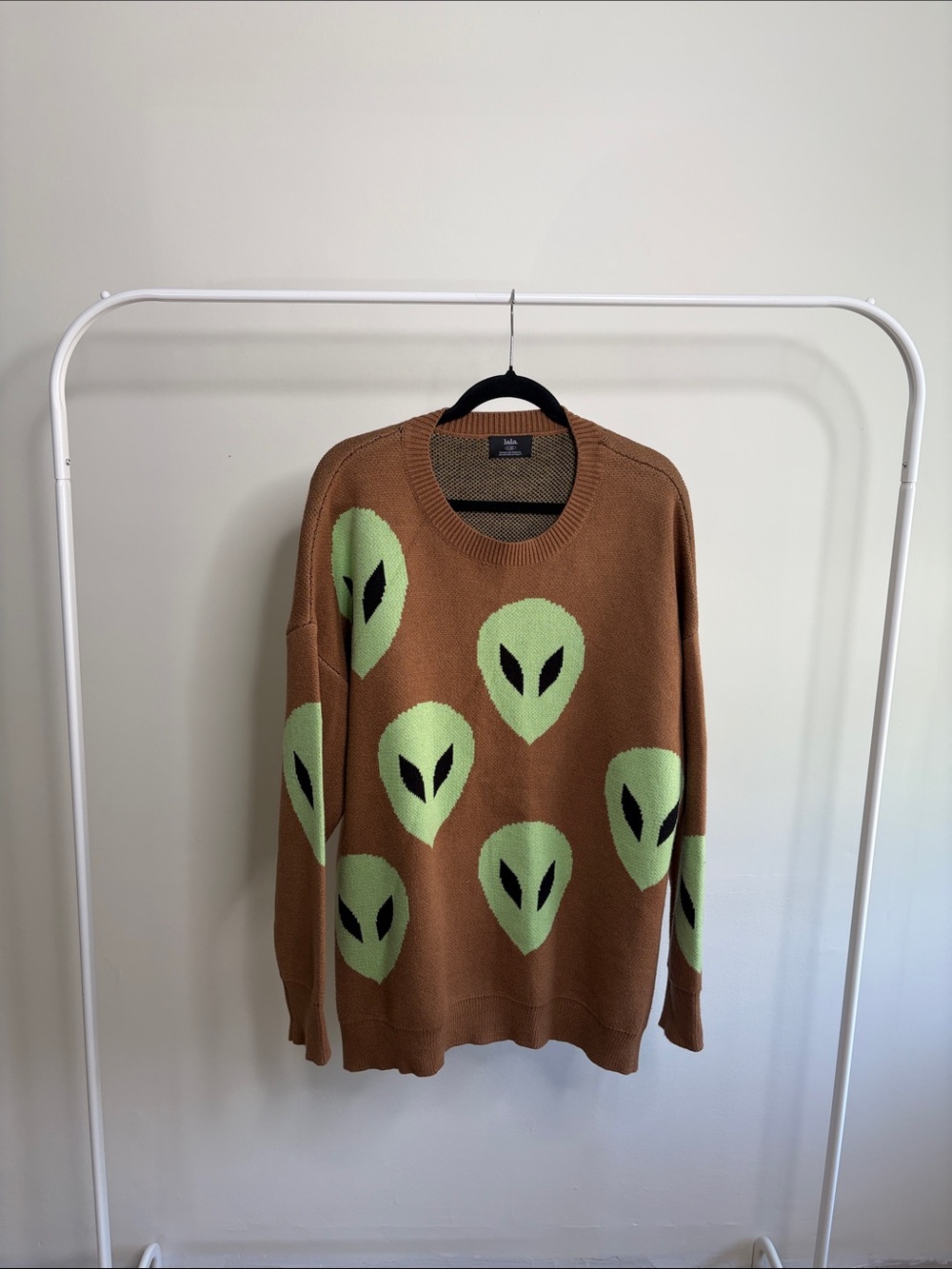 Dressed in LALA Brown Crewneck Sweater with Lime Alien Motifs - Picture 1 of 3